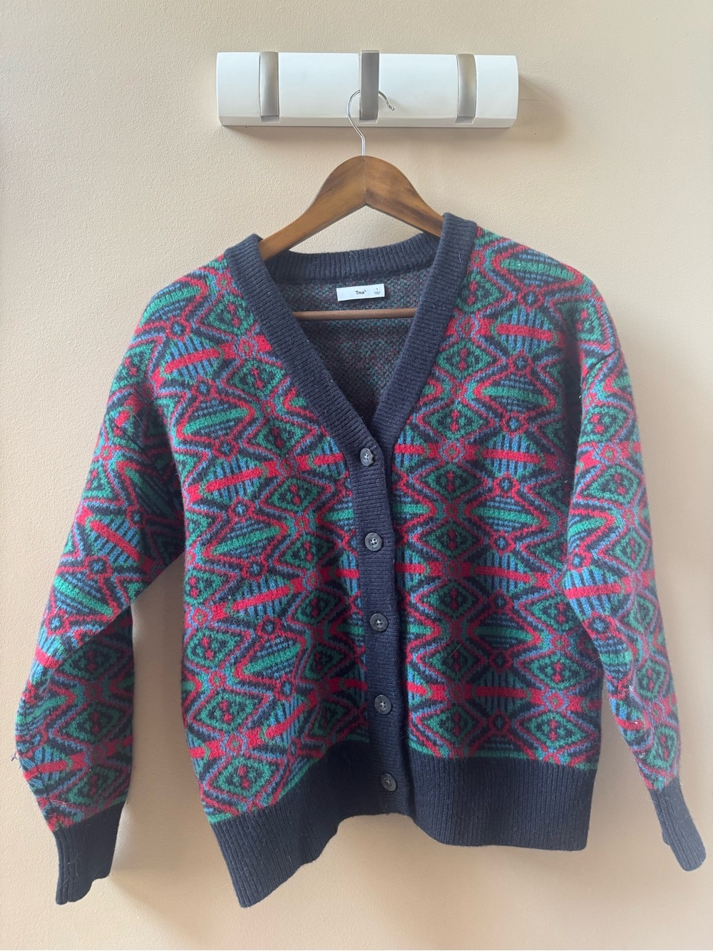 TNA Navy Multicolor Geometric V-Neck Button Cardigan